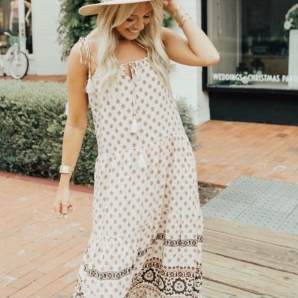 Bohemian Cream and Brown Midi Dress